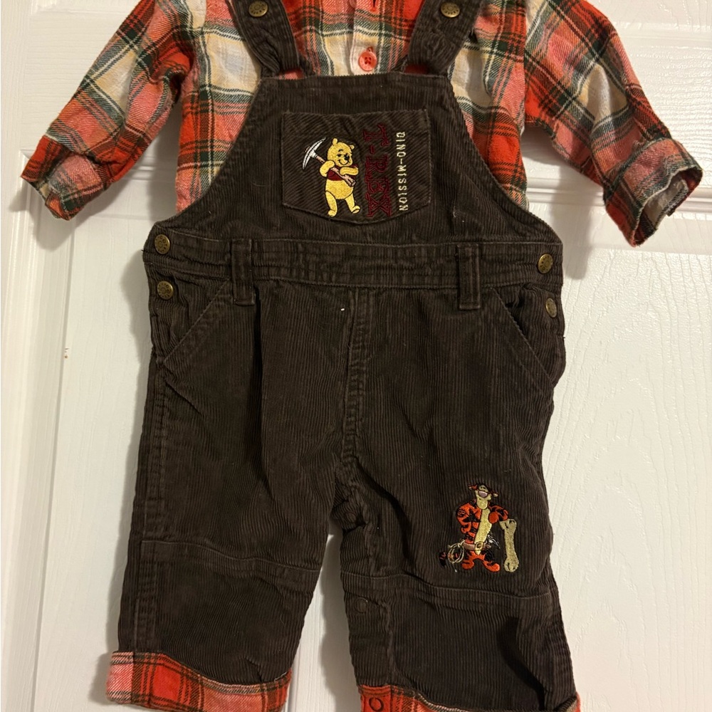 Disney Plaid and Brown Corduroy Overalls with matching shirt